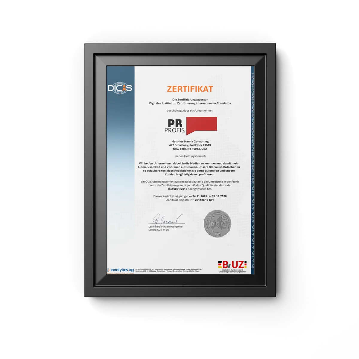 ISO 9001:2015 Zertifikat von PR Profis®