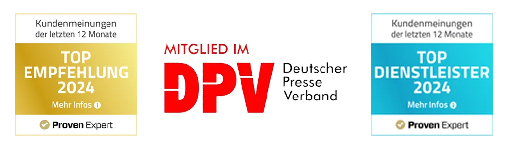 Top Empfehlung 2024, Mitglied im DPV Deutscher Presse Verband, Top Dienstleister 2024 — ProvenExpert